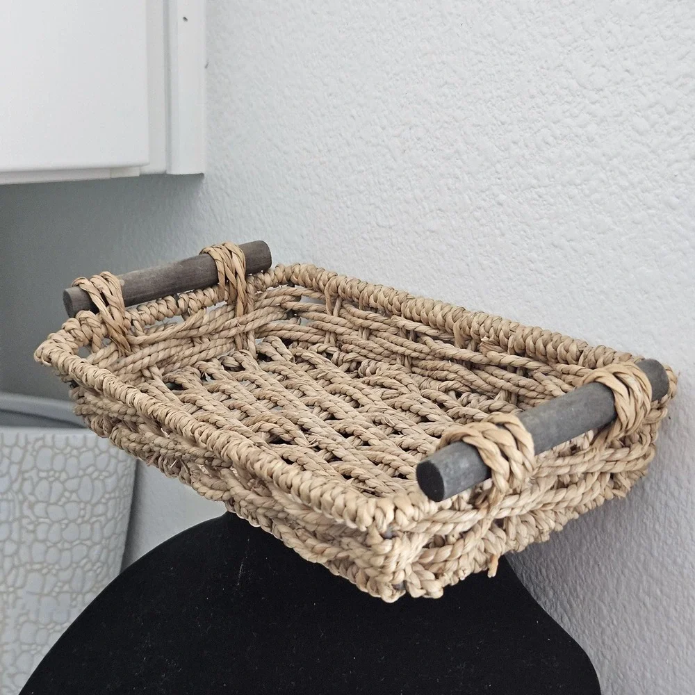 Vintage‎ wood braided serving tray with handles napkin basket